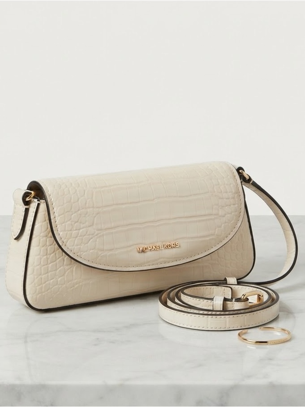 NWT MICHAEL MICHAEL KORS KATYA MEDIUM‎ FLAP CROSSBODY CROC-EMBOSSED LIGHT CREAM